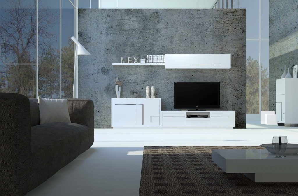 Muebles blancos con detalles inox para salones minimalistas de diseño